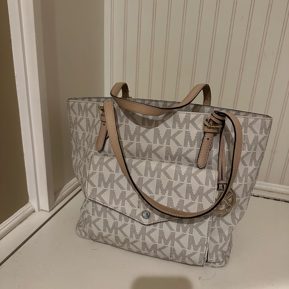 Michael Kors Ivory MK Monogram Tote with Tan Leather Trim